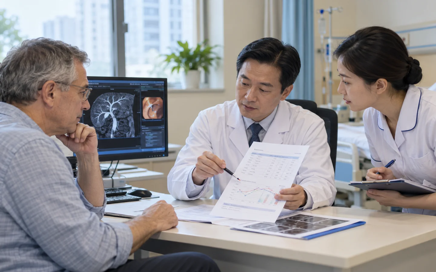 International patient reviewing jaundice blood tests and stent exchange schedule after biliary drainage