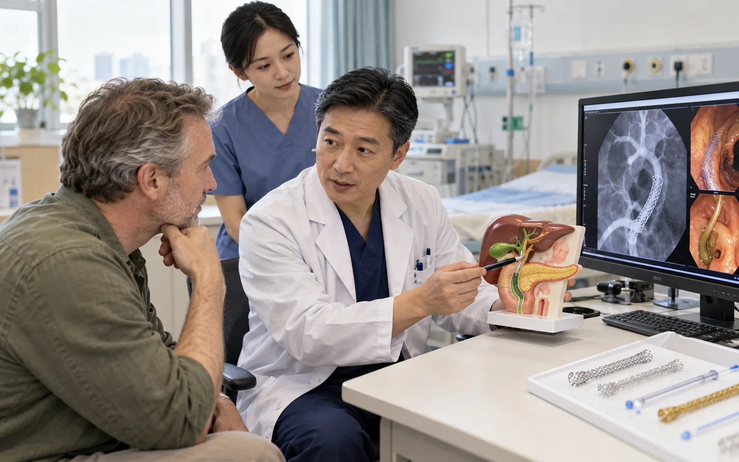 Chinese therapeutic endoscopist explaining bile duct stent choices to an international patient
