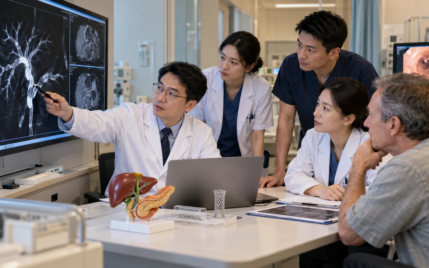 Chinese hepatobiliary and endoscopy team reviewing MRCP obstruction level and stent length