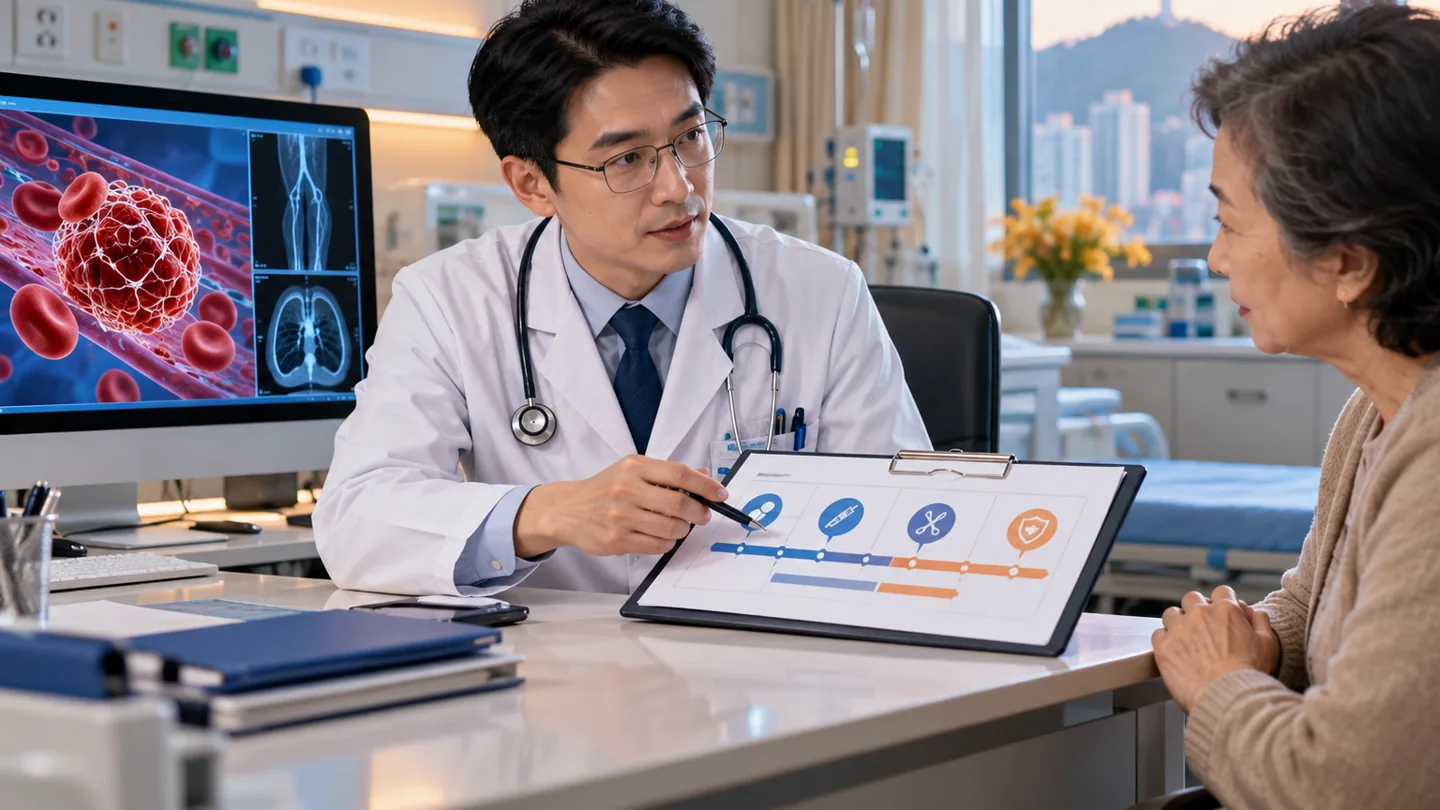Chinese hematologist creating an anticoagulation or procedure safety plan during follow-up