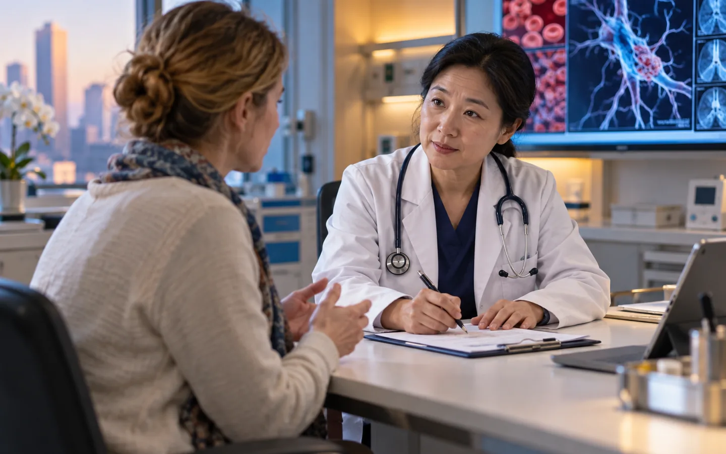 Chinese coagulation specialist taking a detailed bleeding and thrombosis history from an international patient