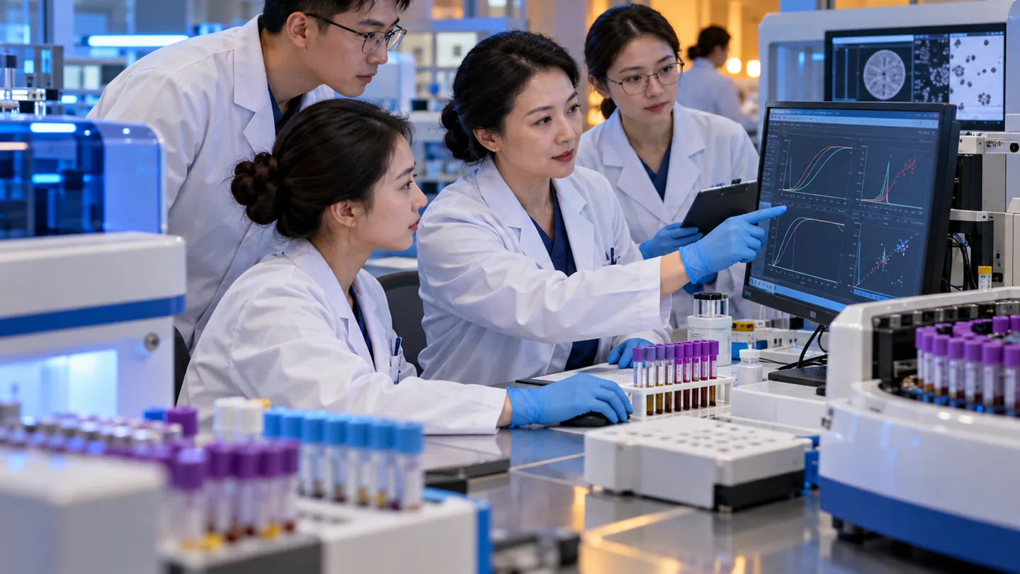 Chinese coagulation laboratory team reviewing platelet and clotting test quality controls