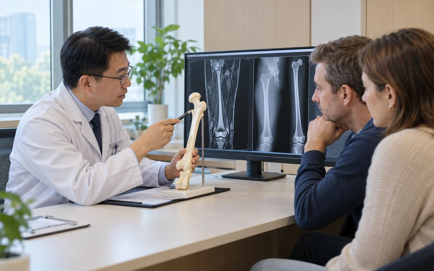 Chinese orthopedic oncology surgeon reviewing bone MRI and X-rays with an international patient and family member