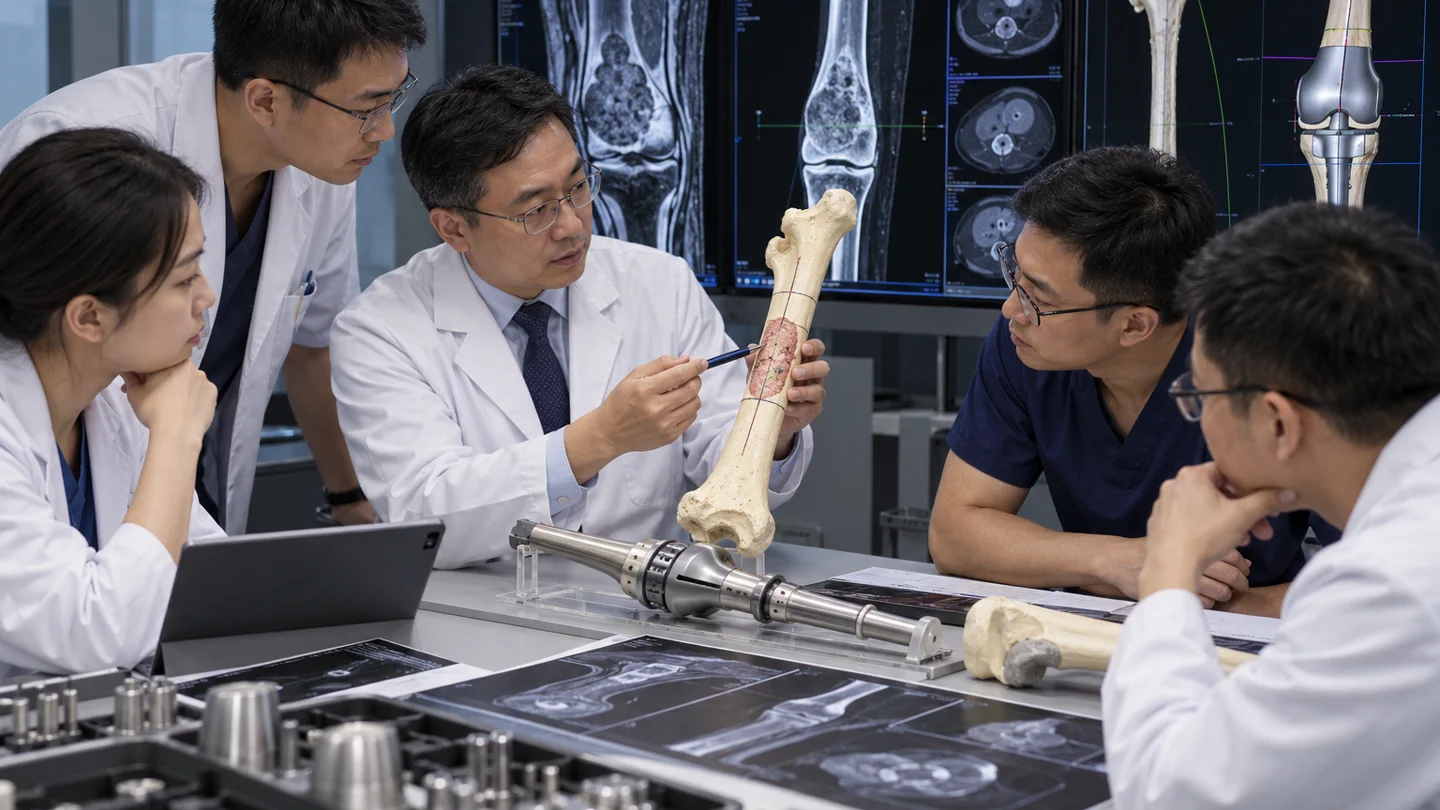 Chinese orthopedic oncology team planning limb-sparing resection with MRI, bone model and modular prosthesis