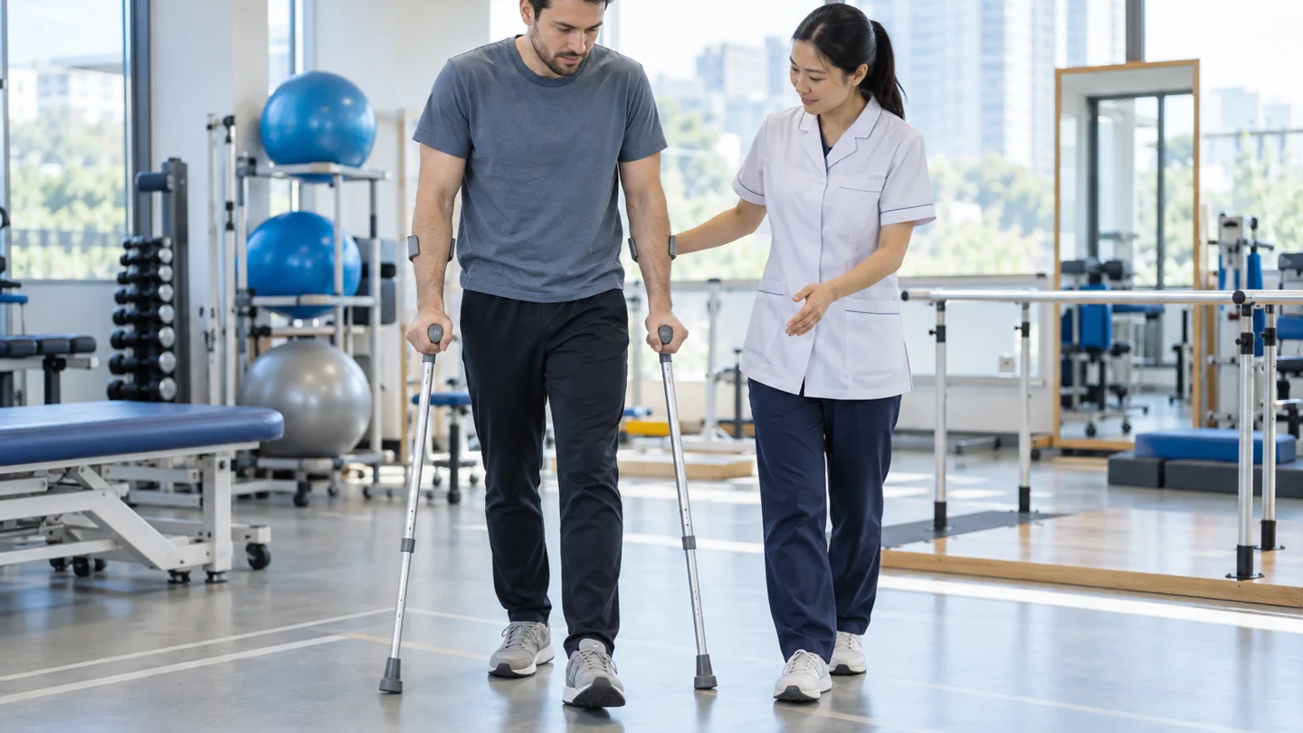International patient practising protected weight bearing with a Chinese physiotherapist after limb-sparing bone reconstruction