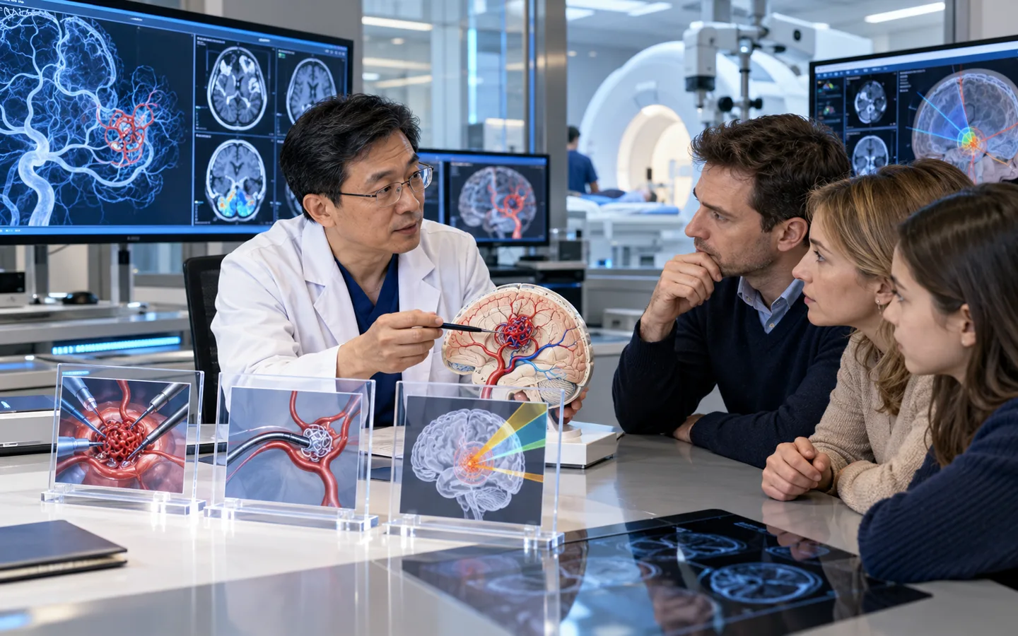 Chinese neurovascular surgeon explaining brain AVM treatment options to an international family