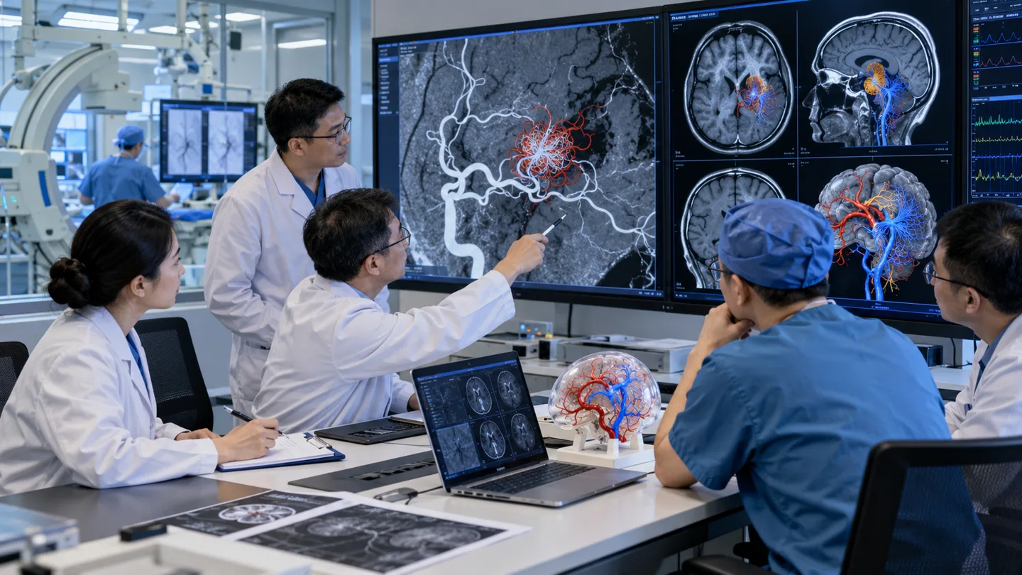 Chinese AVM team reviewing catheter angiography MRI and surgical navigation together