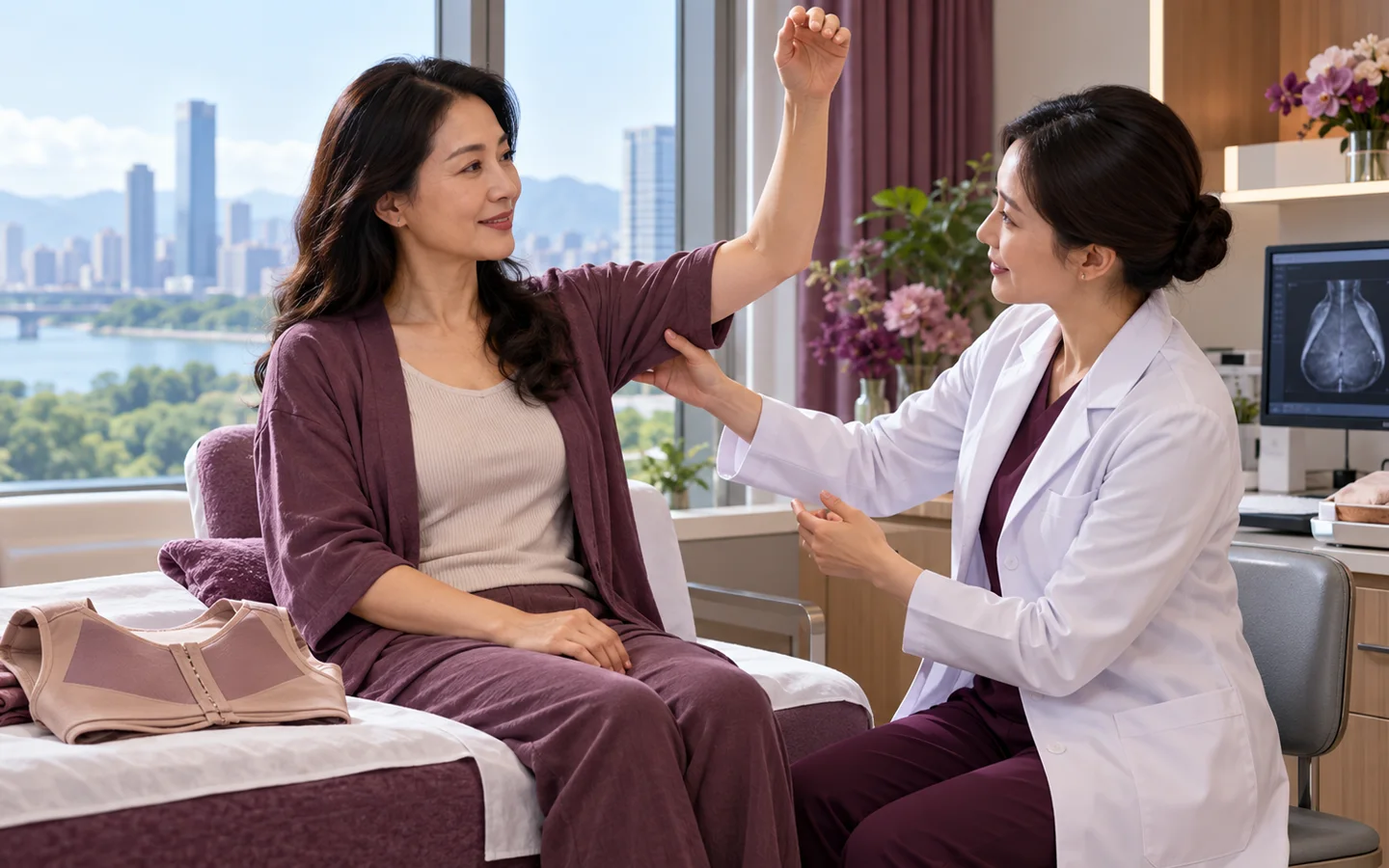Fully clothed international patient completing fully clothed postoperative consultation reviewing wound comfort support garment and surveillance with a Chinese rehabilitation clinician