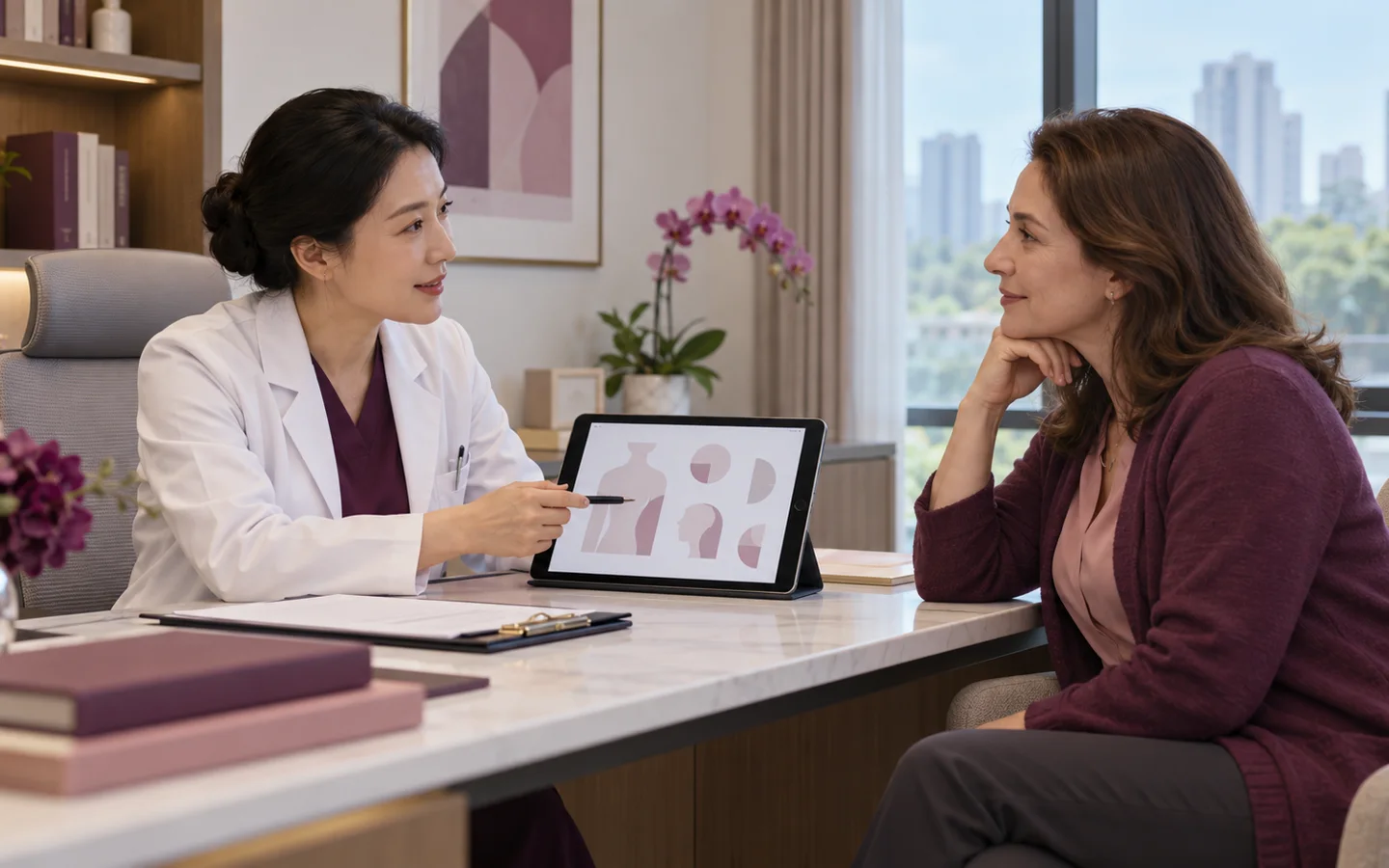 Chinese plastic and reconstructive surgeon explaining breast reconstruction and reshaping choices using discreet anatomical models in a consultation to a fully clothed international patient