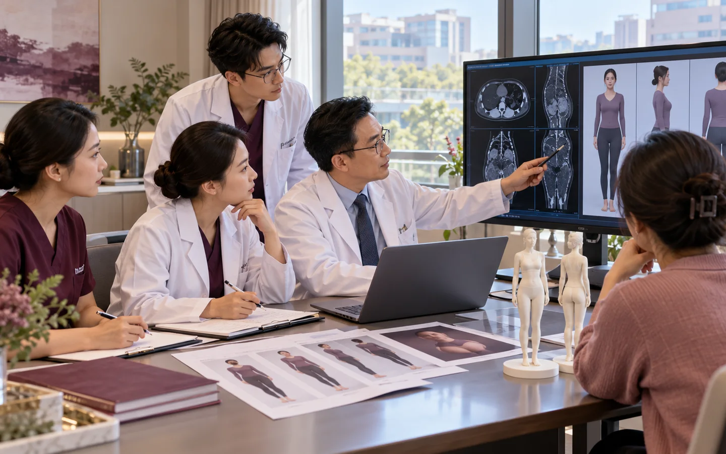 Chinese reconstructive team reviewing breast imaging radiation history tissue measurements donor sites implant information and scar options