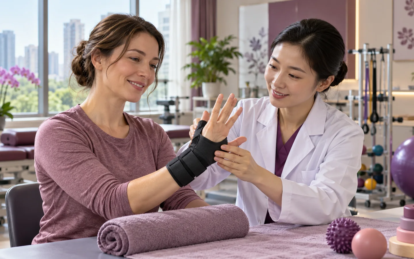 Fully clothed international patient completing splint pressure scar therapy and range-of-motion review after burn reconstruction with a Chinese rehabilitation clinician