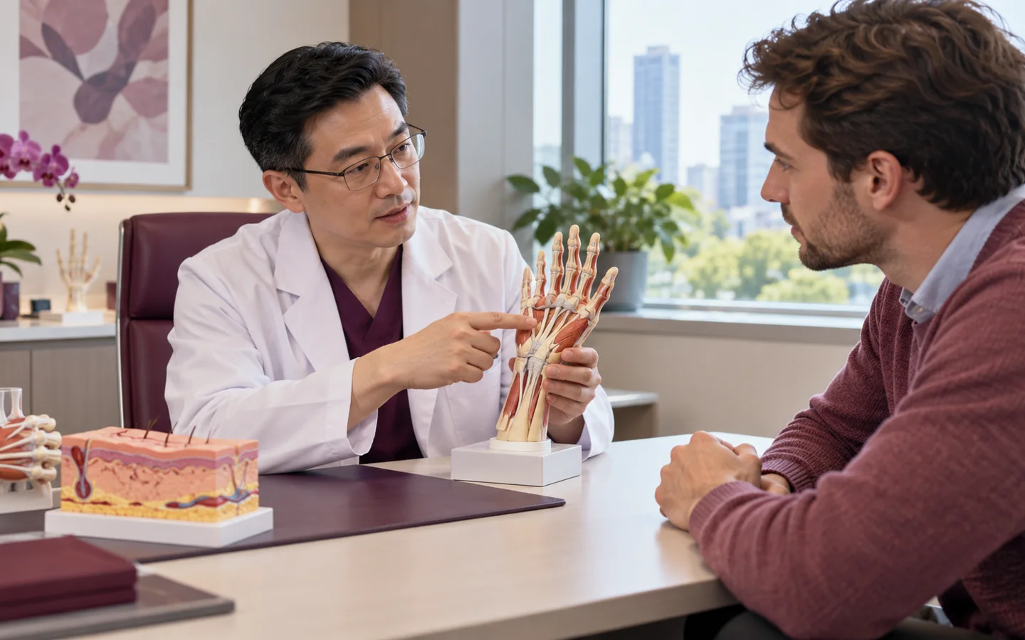 Chinese plastic and reconstructive surgeon explaining burn scar contracture release and tissue replacement using an anatomical model to a fully clothed international patient