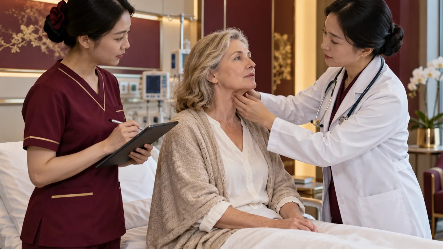 Chinese oncologist and nurse assessing immune-related symptoms during follow-up