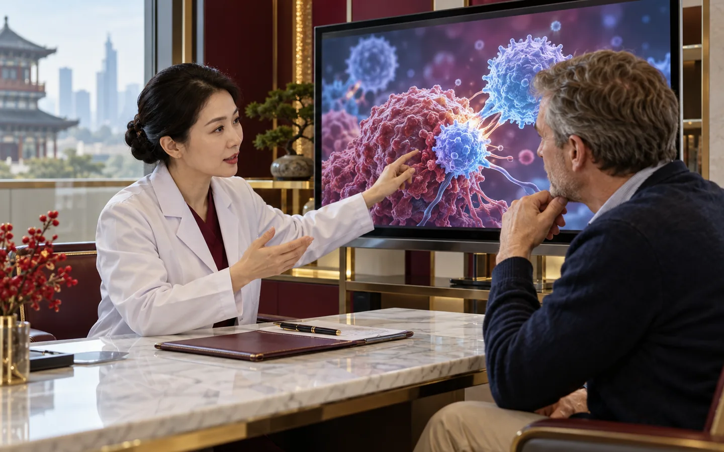 Chinese immuno-oncology team explaining immune checkpoint therapy to an international patient