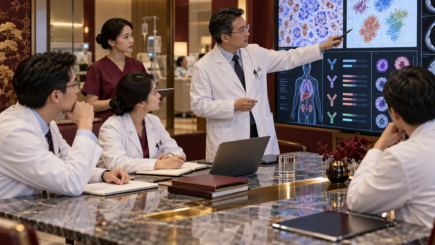 Chinese multidisciplinary team reviewing biomarkers and autoimmune risk before cancer immunotherapy