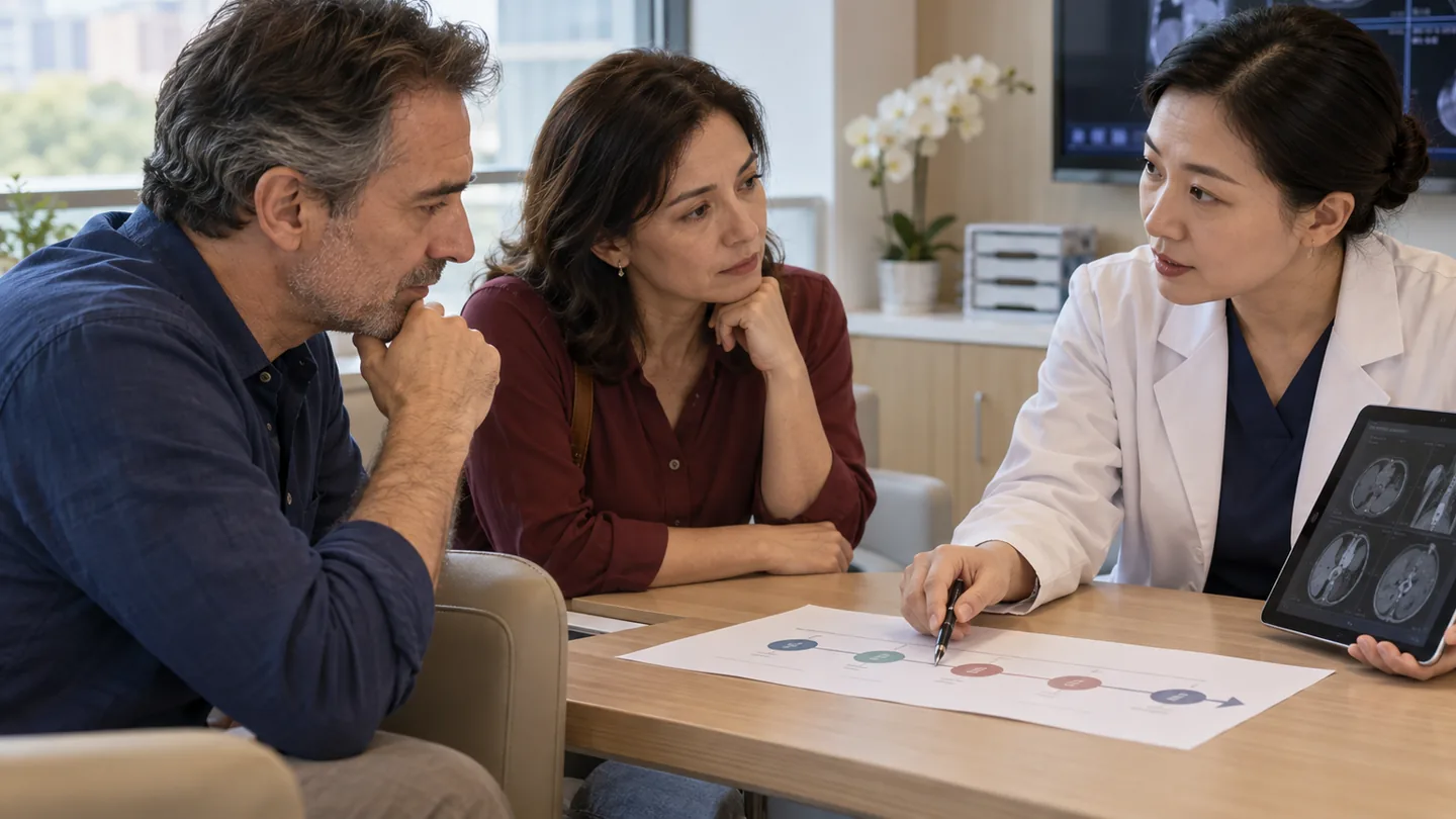 Oncologist explaining a cancer staging summary and treatment sequence to an international patient and family member