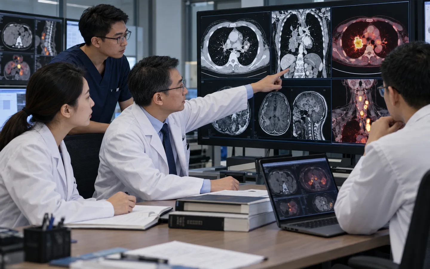 Chinese oncology team reviewing cancer imaging together during a staging consultation