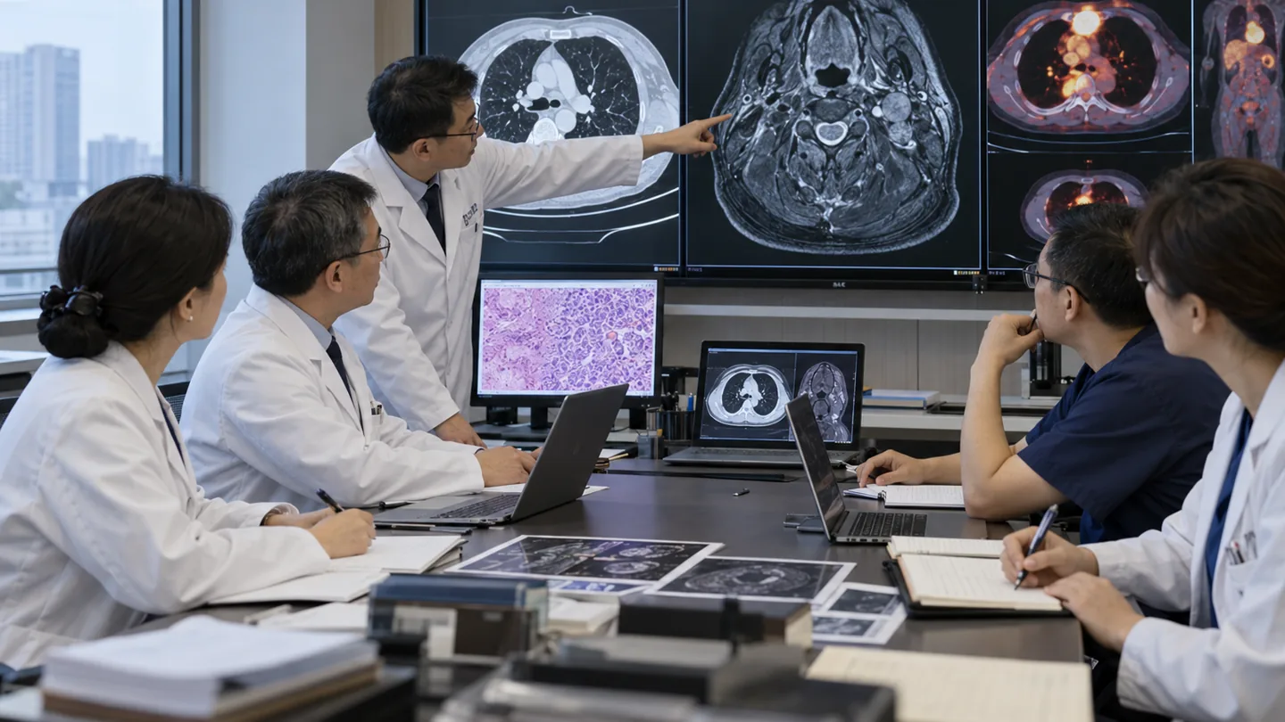 Chinese oncology and radiology team reviewing CT MRI and PET images together for cancer staging