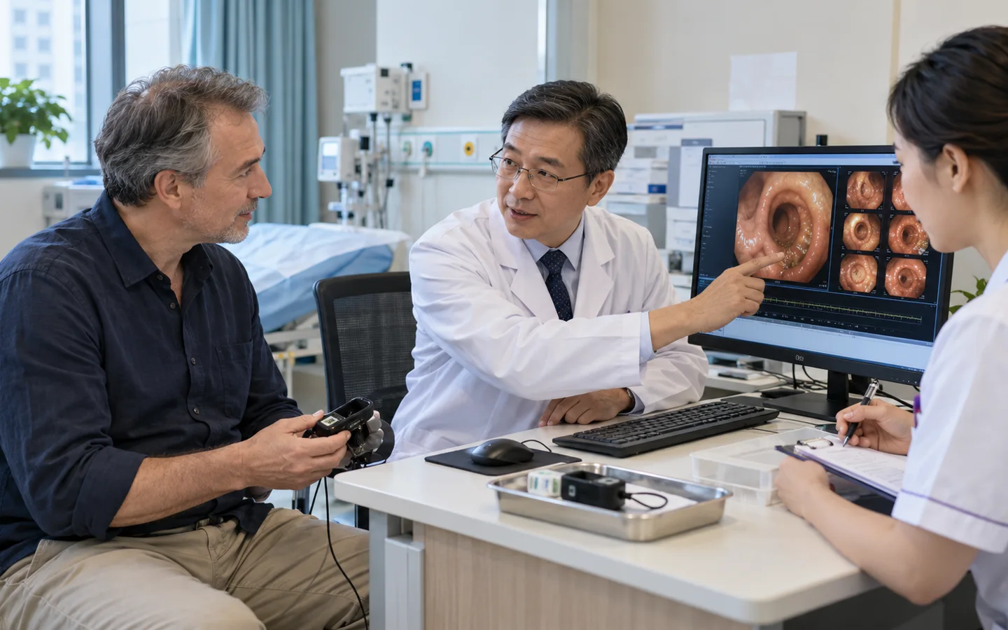International patient returning the capsule recorder and discussing findings after the study