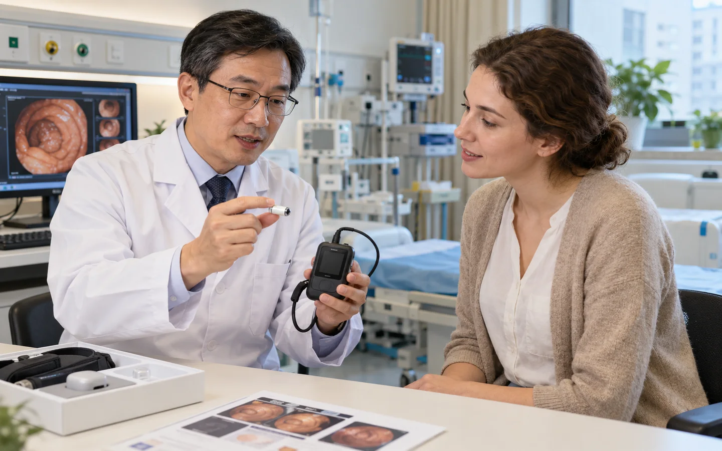 Chinese gastroenterologist showing a capsule endoscopy camera and recorder to an international patient