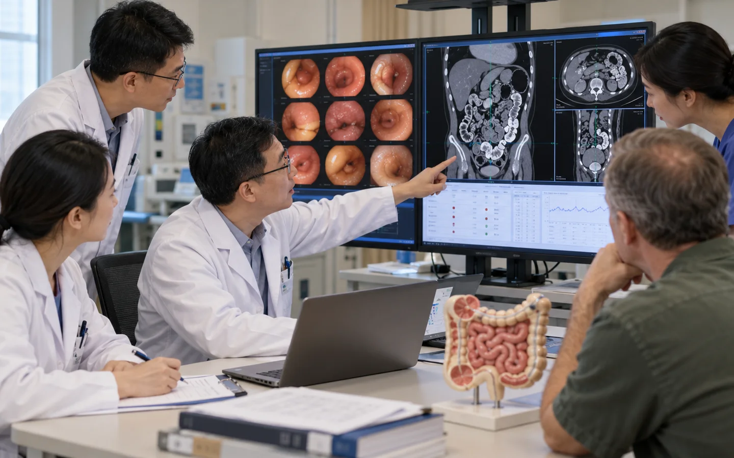 Chinese small bowel team reviewing capsule images alongside CT enterography and blood results