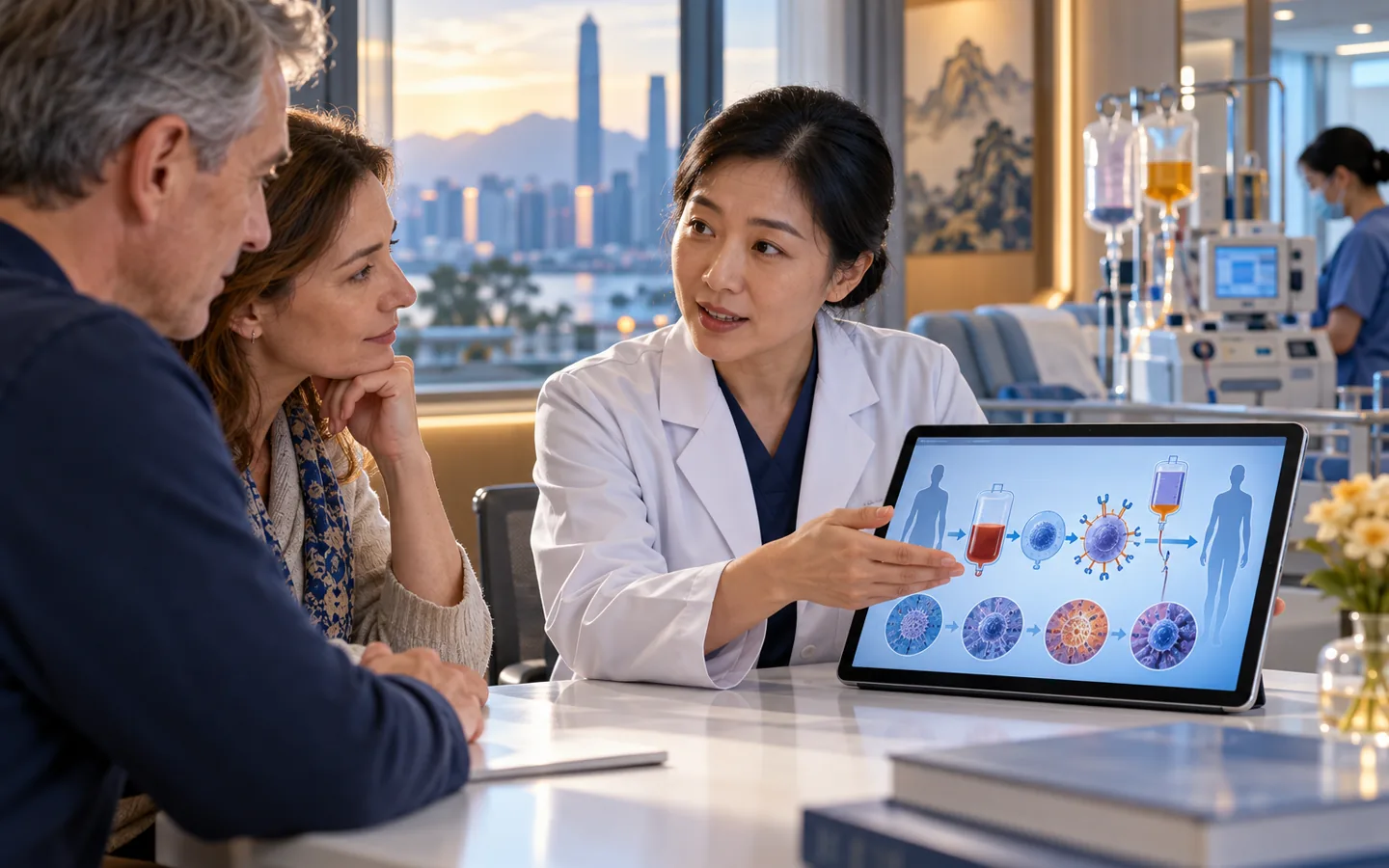 Chinese CAR T specialist explaining the cell therapy journey to an international patient and caregiver
