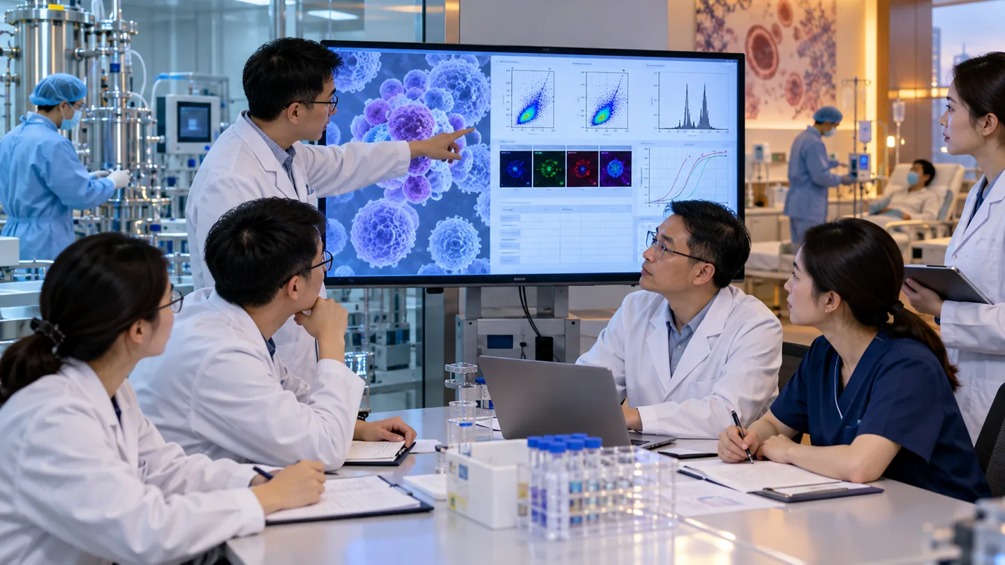 Chinese cell therapy laboratory and clinical team reviewing manufacturing and release criteria