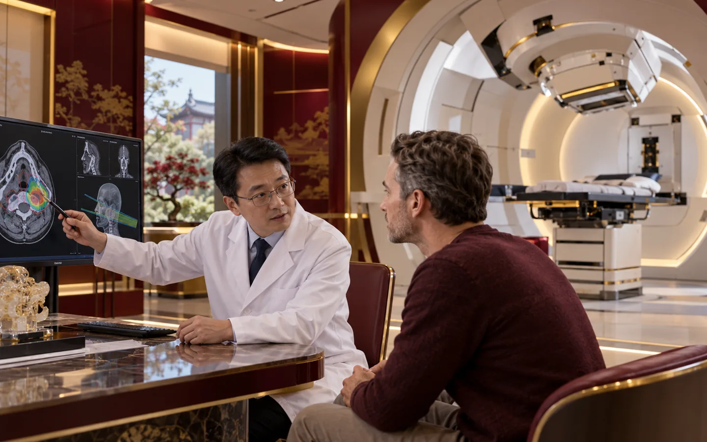 Chinese carbon ion radiotherapy specialist explaining treatment geometry to an international patient