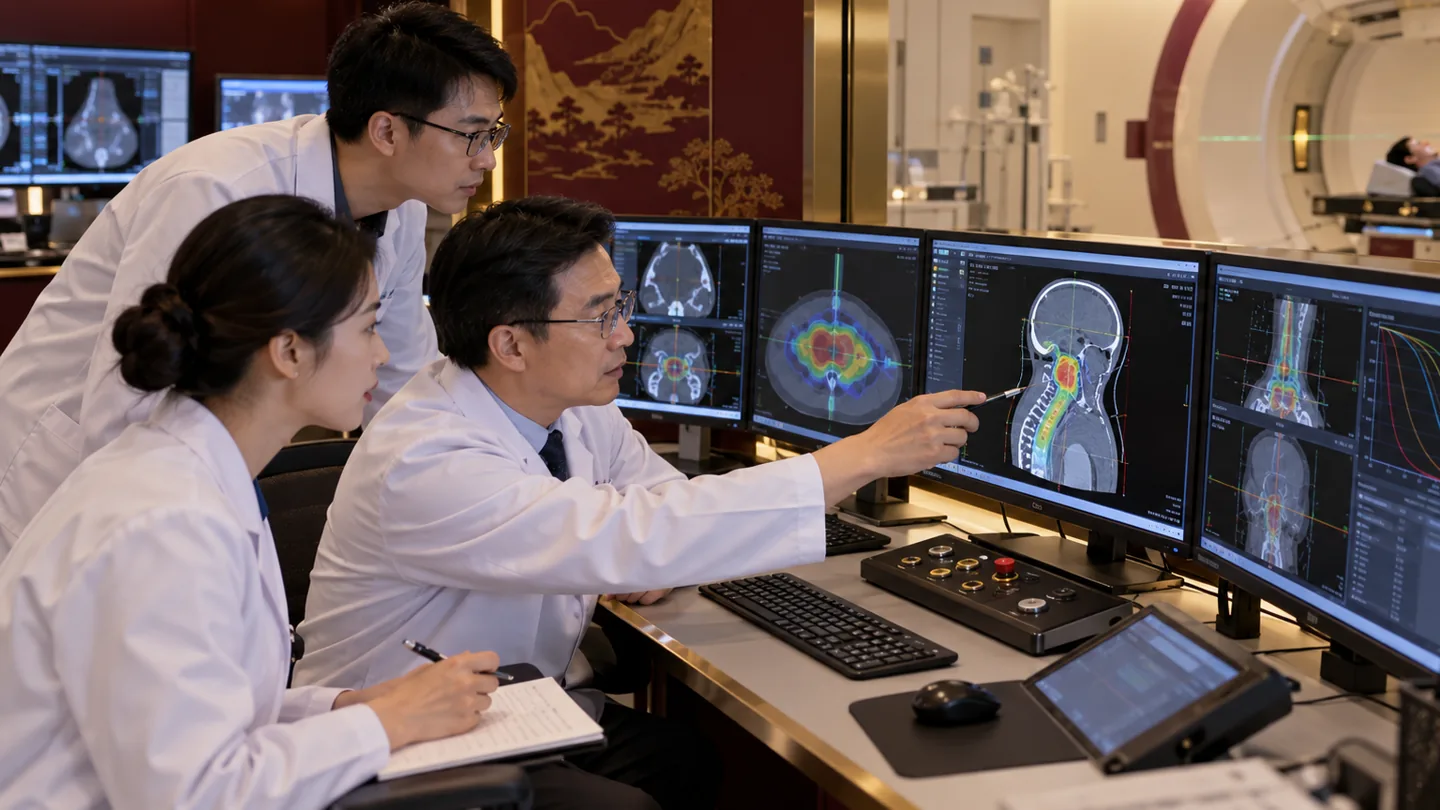 Chinese particle therapy physicists checking a carbon ion plan in a specialized control room