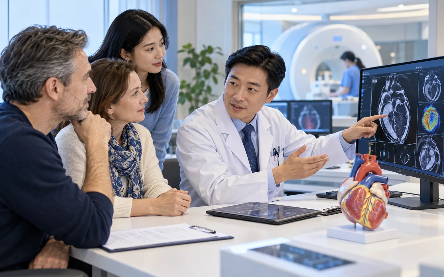 Chinese cardiomyopathy specialist explaining heart muscle imaging and inherited risk to an international family