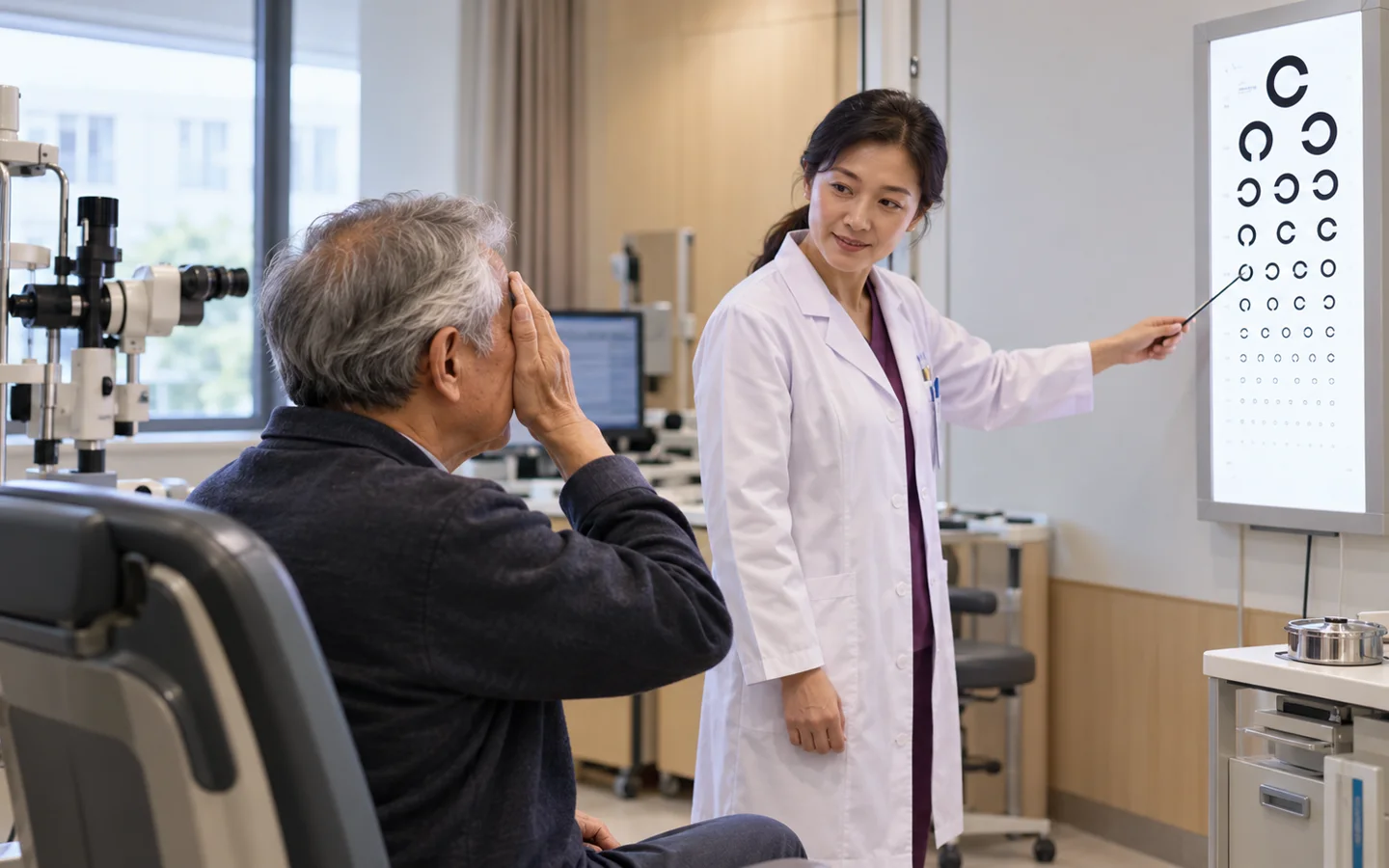 International older adult patient reading an eye chart during follow up after cataract surgery