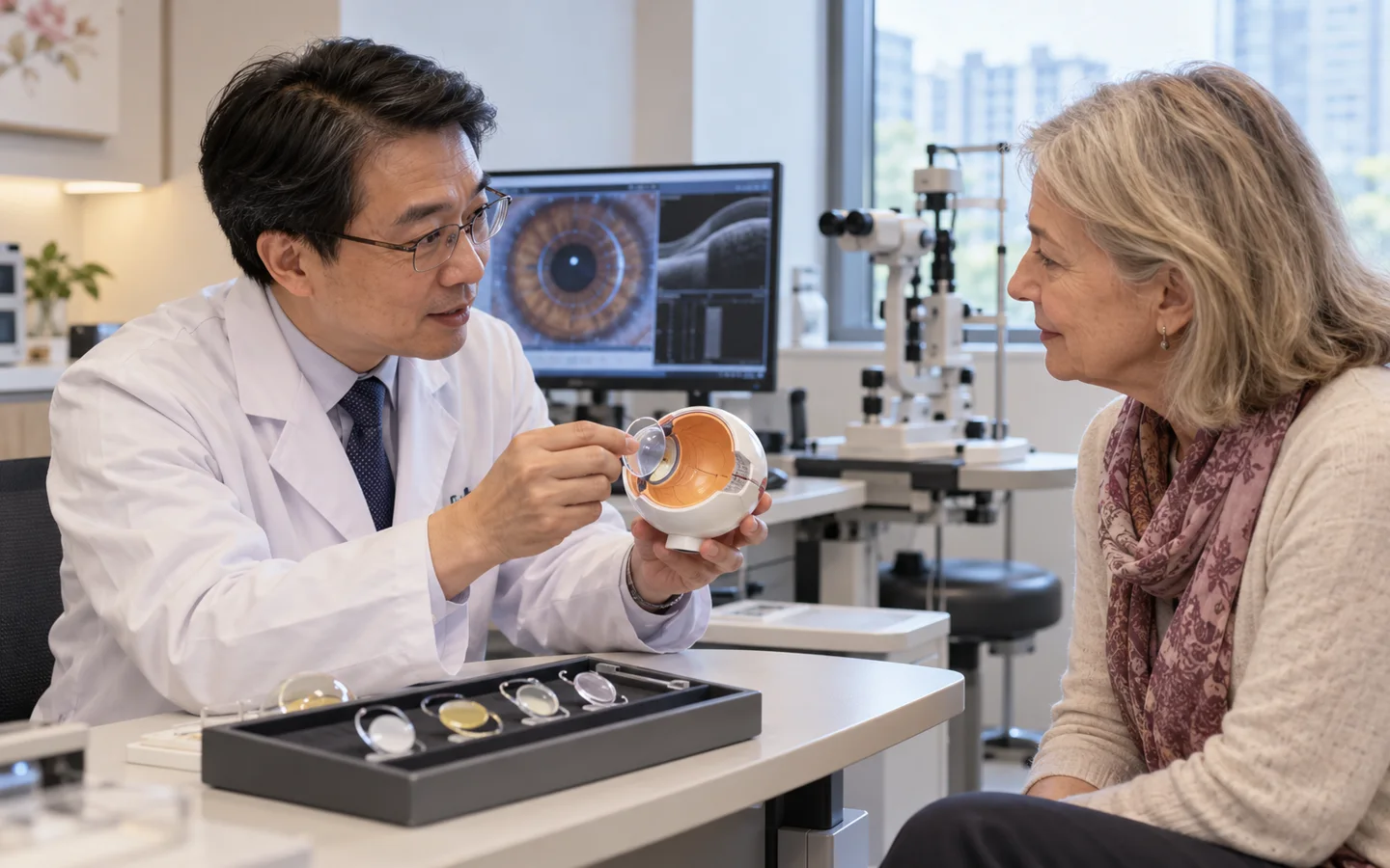 Chinese cataract surgeon explaining intraocular lens choices to an international older adult patient using an eye model