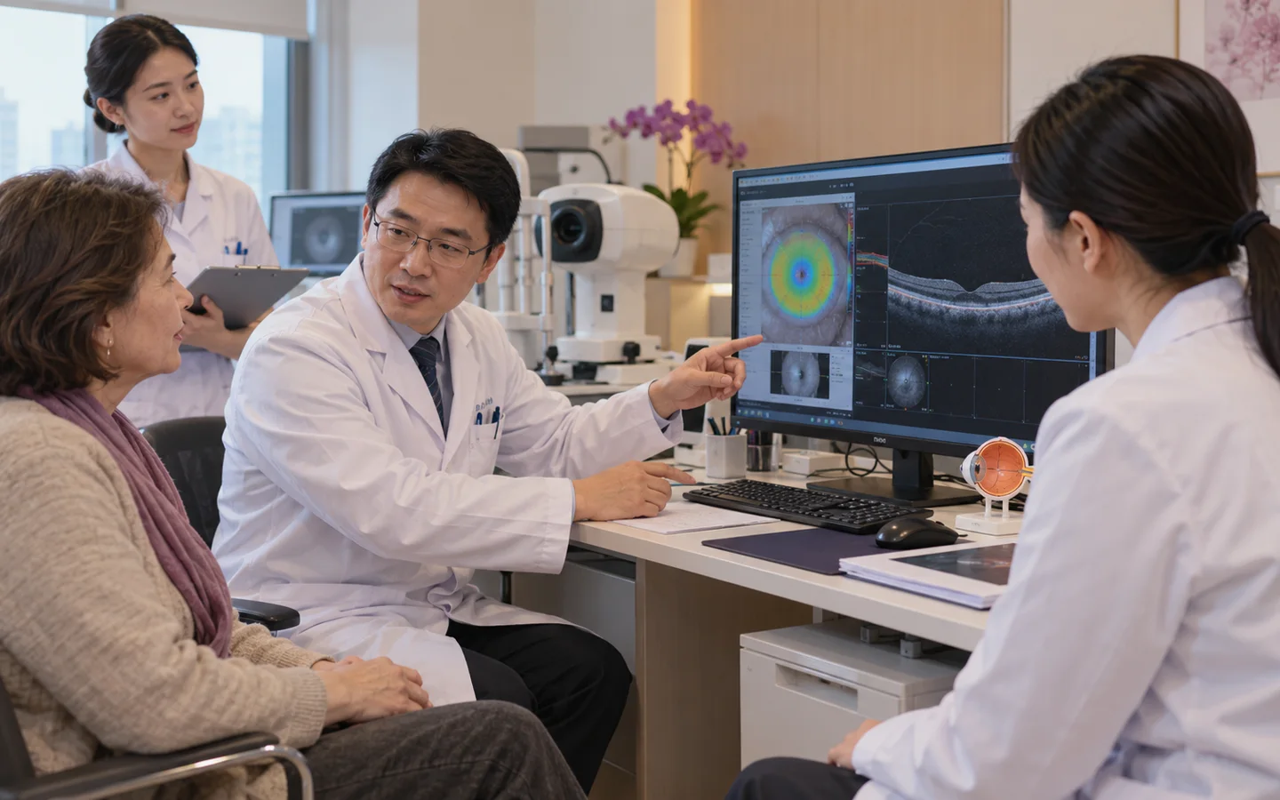 Chinese ophthalmology team reviewing optical biometry corneal measurements and macular OCT before cataract surgery