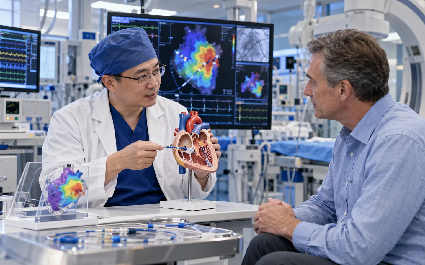 Chinese electrophysiologist explaining catheter ablation and rhythm mapping to an international patient