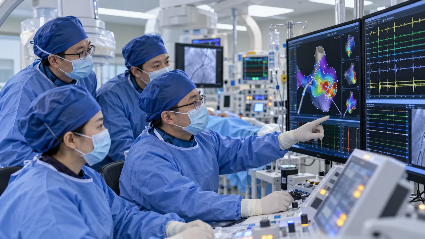 Chinese electrophysiology laboratory team reviewing three dimensional cardiac electrical mapping