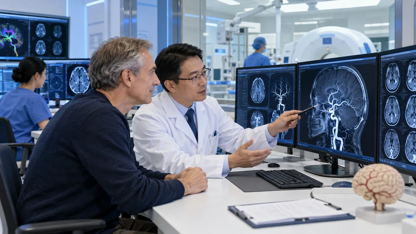 International patient completing neurologic and vascular imaging follow-up after cerebral aneurysm clipping