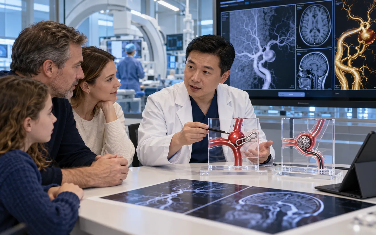 Chinese cerebrovascular neurosurgeon comparing aneurysm clipping and endovascular treatment with an international family