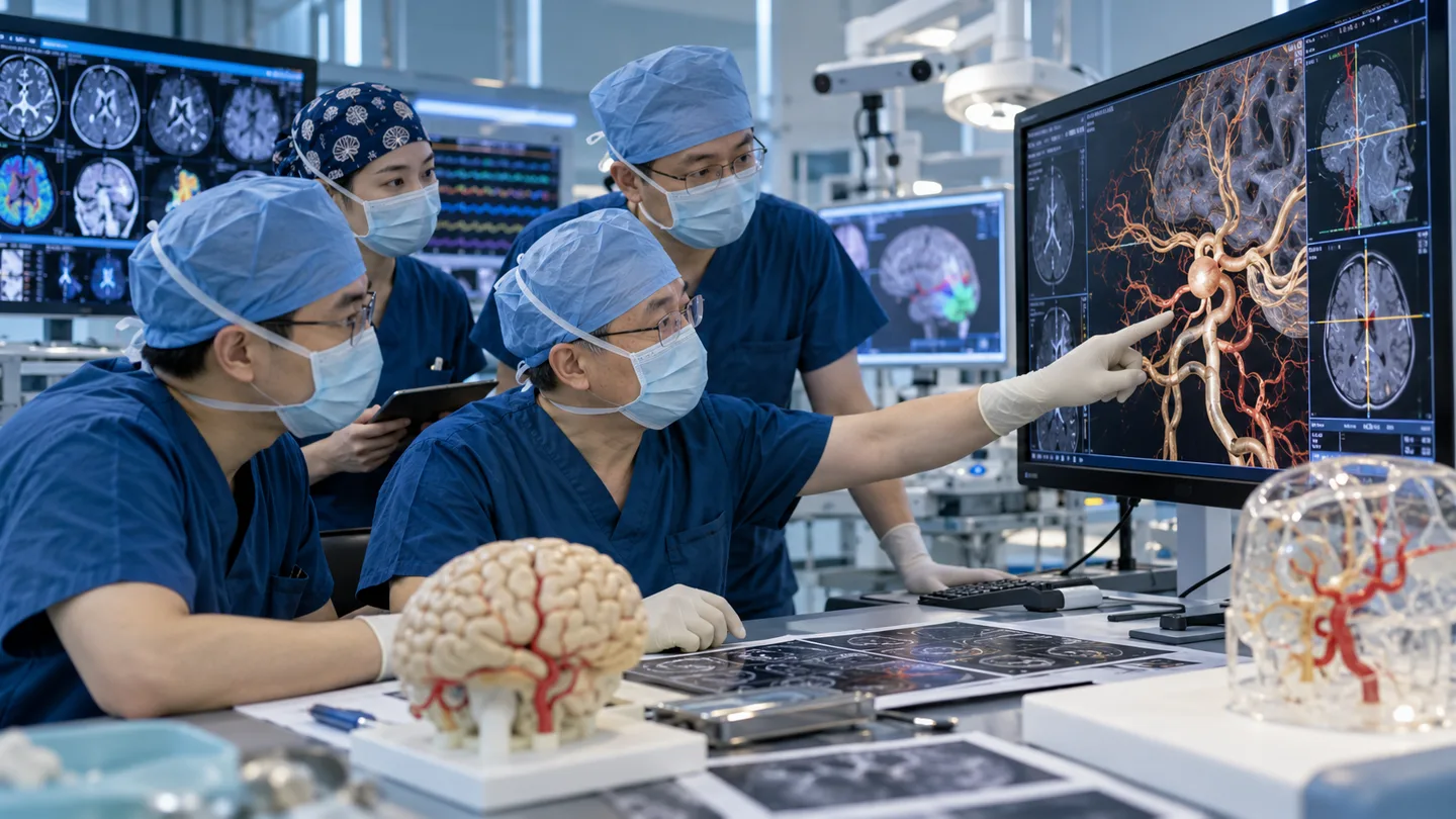 Chinese neurovascular team planning microsurgical clipping from three dimensional angiography