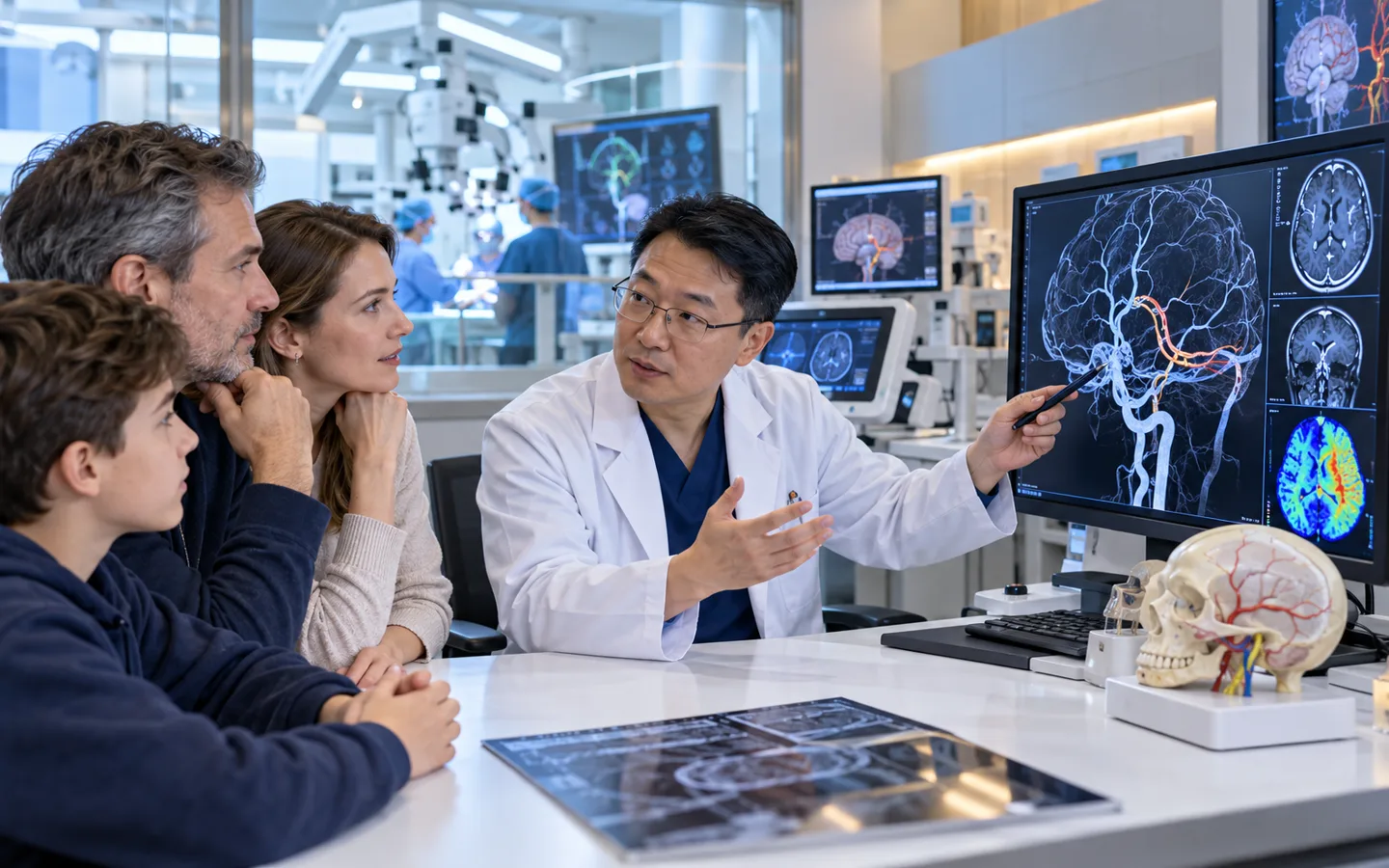 Chinese cerebrovascular neurosurgeon explaining cerebral bypass and perfusion findings to an international family
