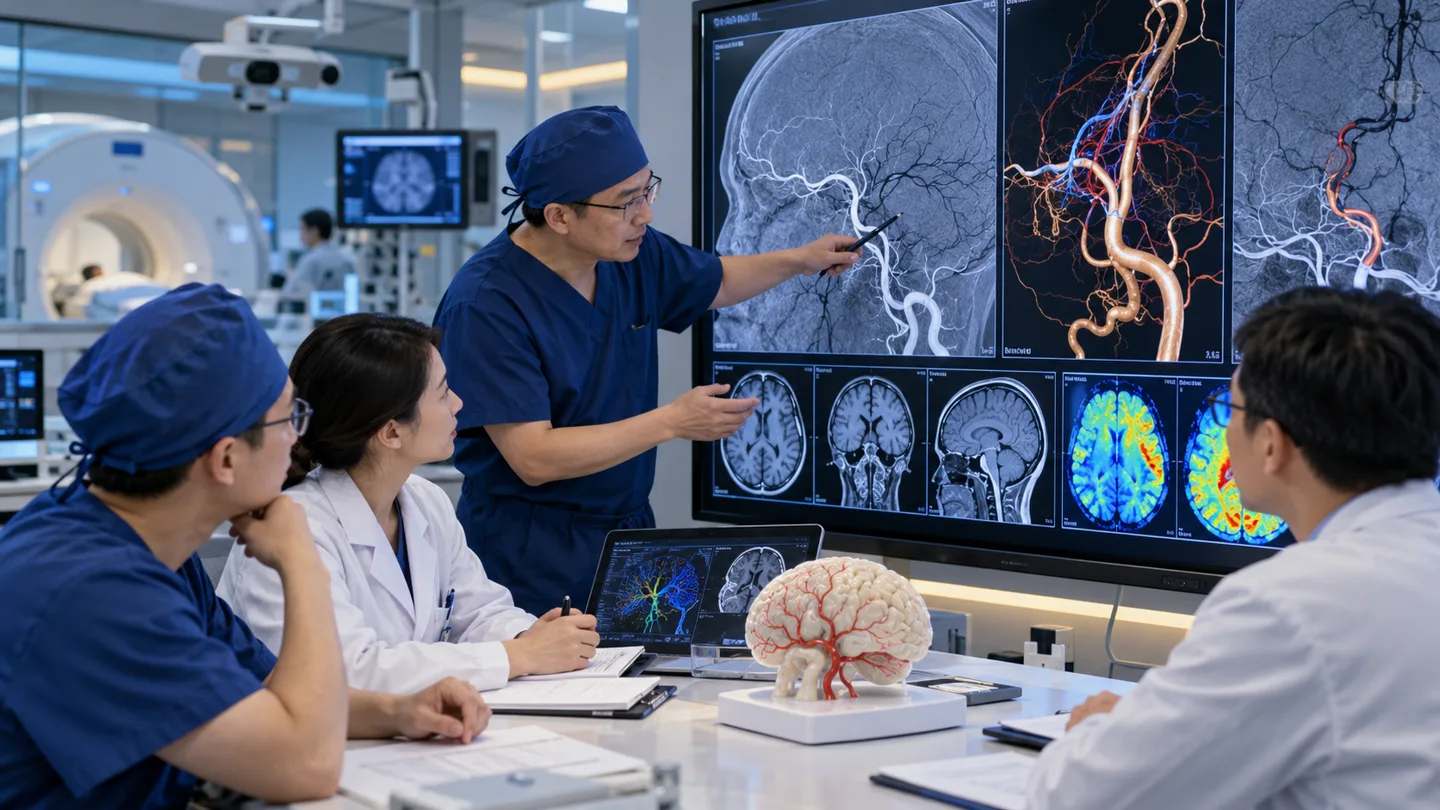Chinese cerebral bypass team planning donor recipient vessels with angiography and perfusion imaging
