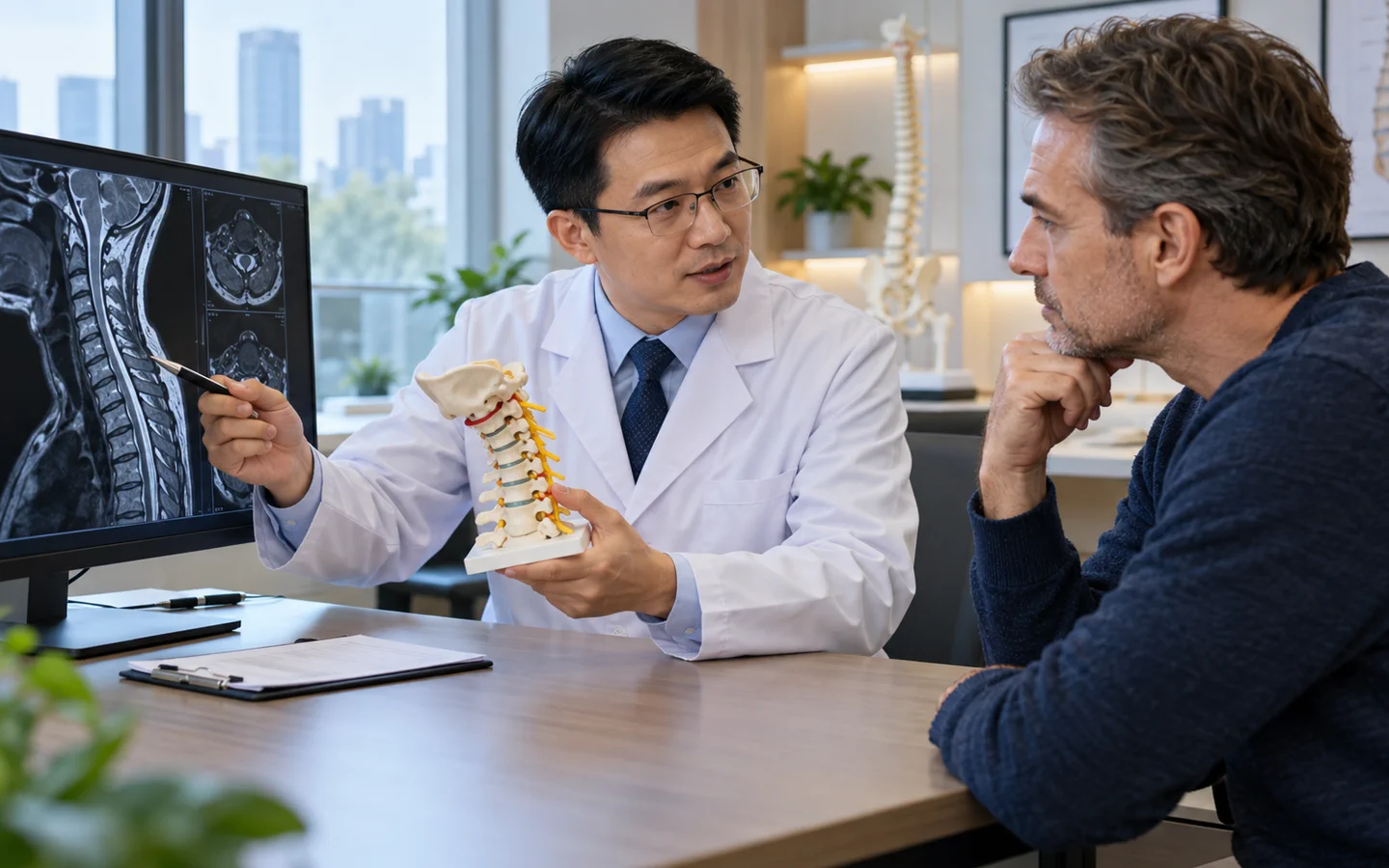 Chinese spine surgeon reviewing cervical MRI and a neck model with an international patient