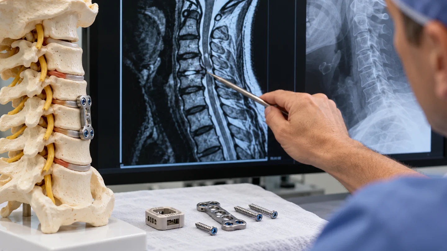 Cervical spine model with plate screws and cage beside MRI and X-ray images