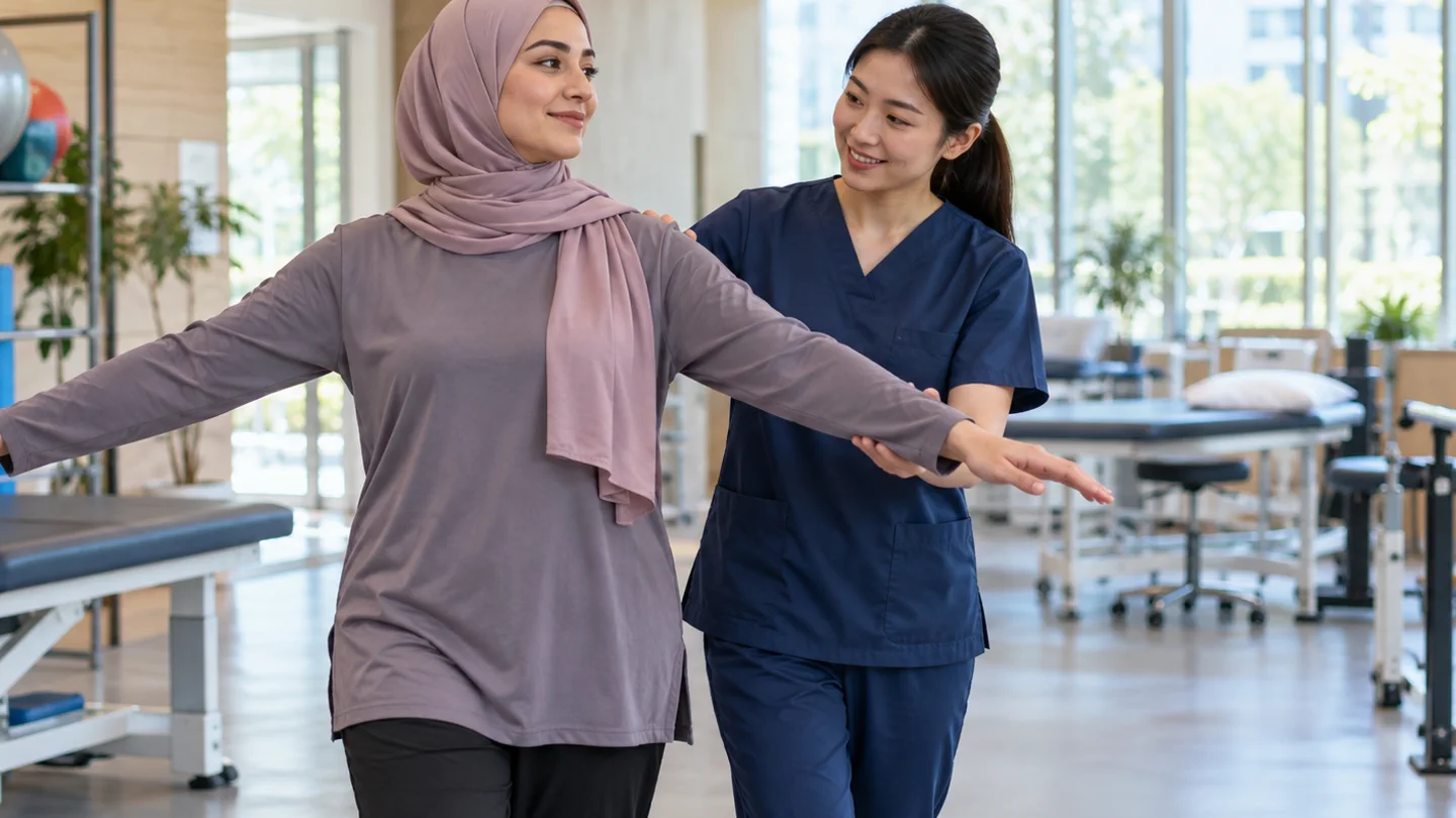 International patient receiving walking and shoulder mobility guidance from a Chinese physiotherapist after cervical fusion
