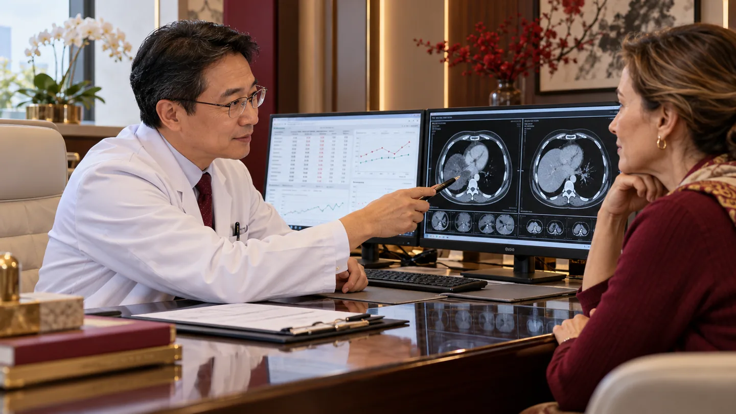 Chinese oncology follow-up consultation reviewing blood counts and scan response after chemotherapy