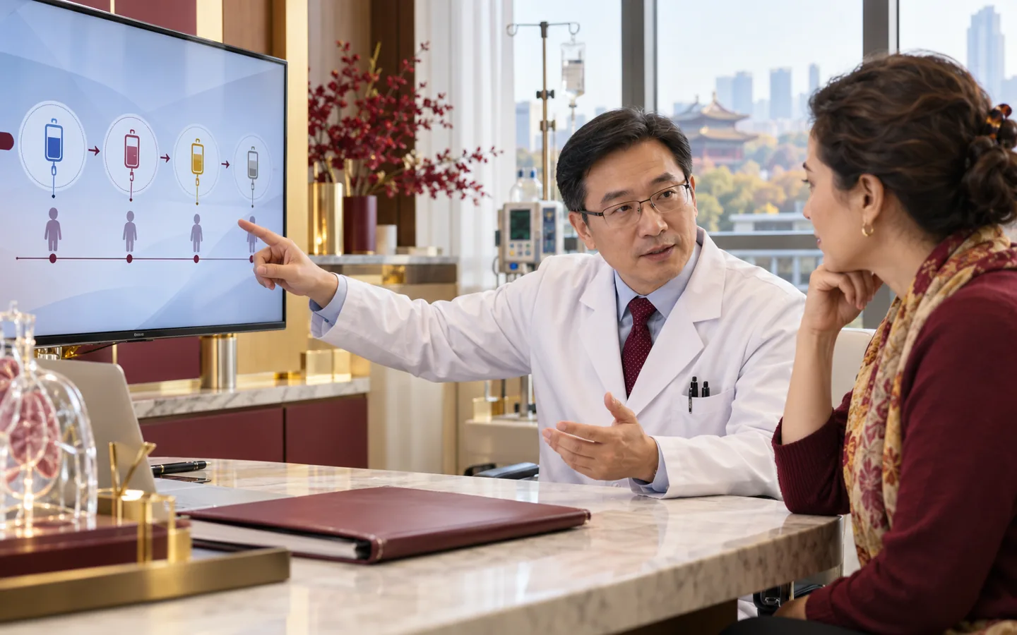 Chinese oncologist discussing a chemotherapy pathway with an international patient beside a treatment timeline