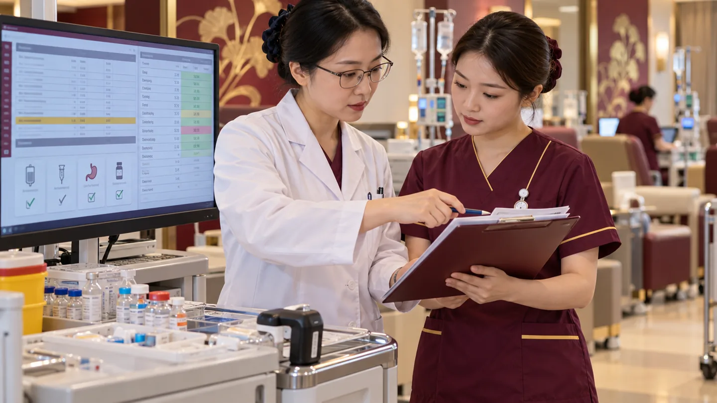 Chinese oncology pharmacist and nurse checking an infusion plan and supportive medicines