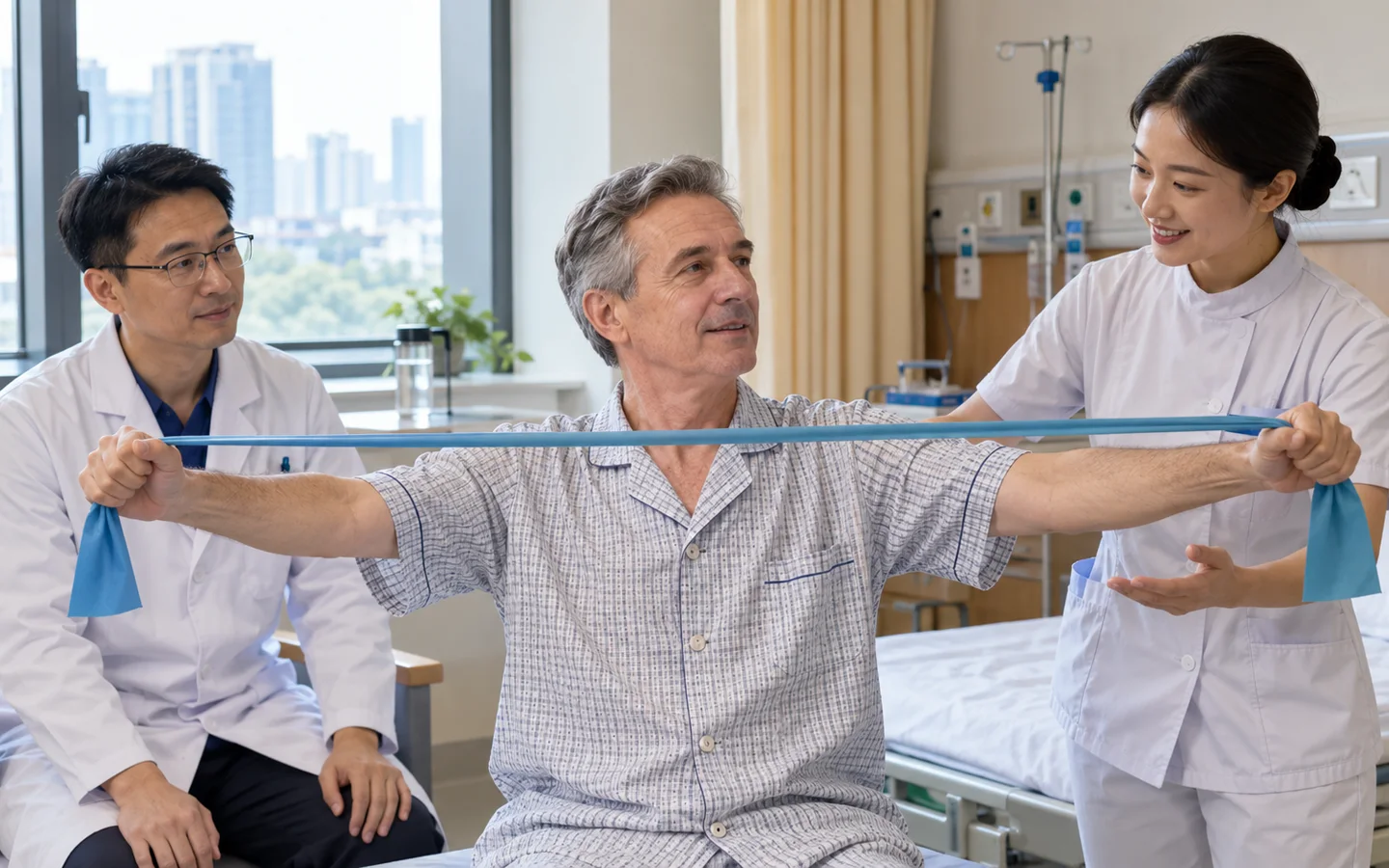 International patient completing breathing and shoulder mobility rehabilitation after chest wall reconstruction