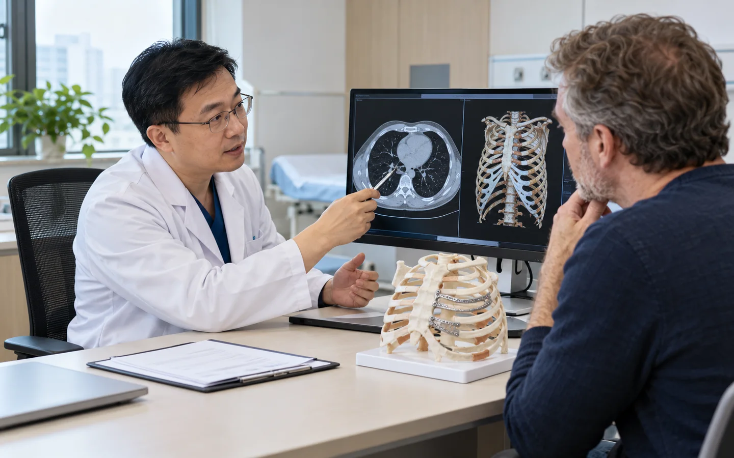 Chinese thoracic surgeon explaining chest wall reconstruction planning to an international adult patient