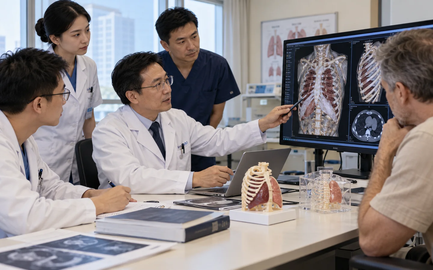 Chinese thoracic and reconstructive surgery team reviewing a three dimensional chest CT and reconstruction materials