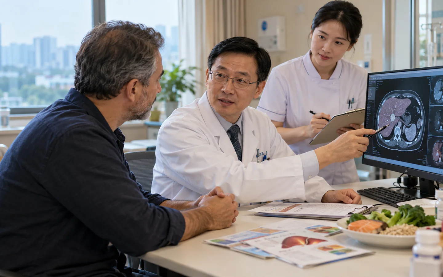 International patient discussing medicines nutrition and liver cancer surveillance at follow up